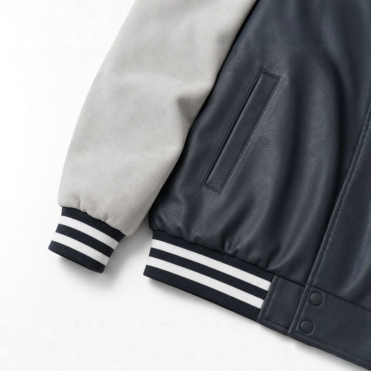 Herren Varsity-Lederoptik Collegejacke mit Kontrastärmeln, gestickten Patches und geripptem Saum Shop Nory