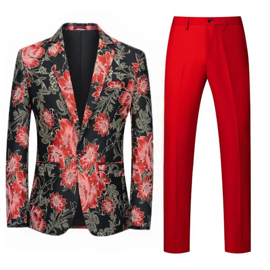 Herren Zweiteiliger Anzug mit floralem Einreih‑Sakko, Schalkragen und schmaler Anzughose Shop Nory