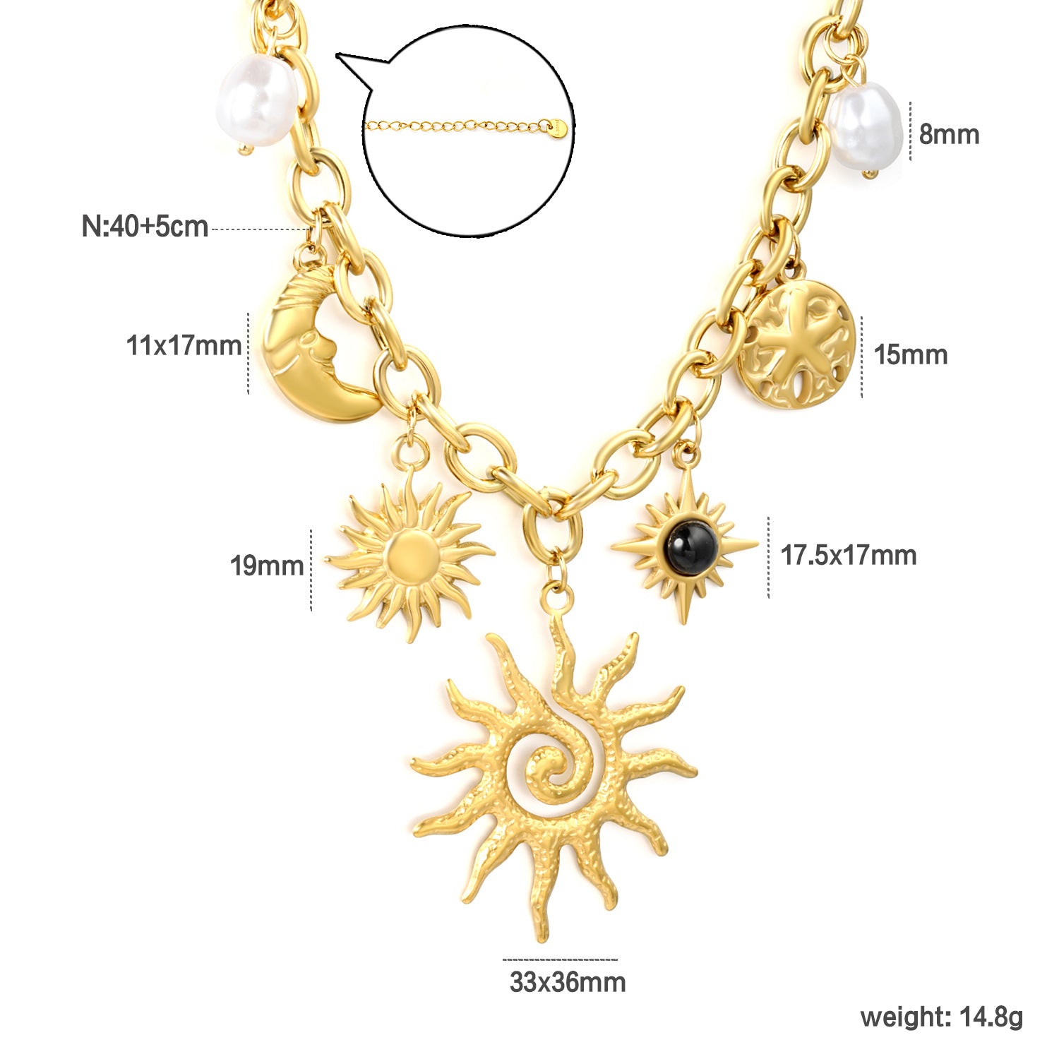 Damen charmante Halskette mit funkelnden Sonnen- und Mondanhängern Shop Nory