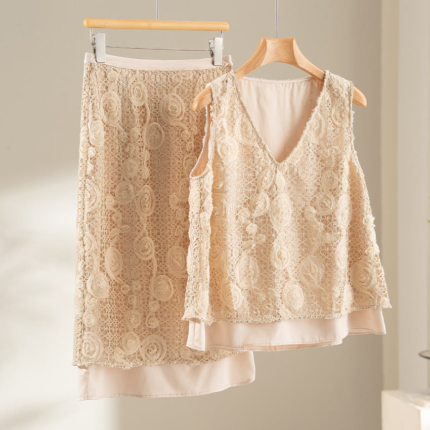 Damen Spitzen-Midirock mit floraler Häkelspitze und blickdichtem Futter Shop Nory