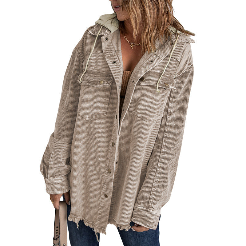 Shopnory | Jacke mit Kapuze Oversized Fit Cord-Textur Knopfverschluss Fransenrand