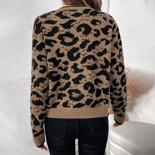 Damen Leopardmuster Strickcardigan mit Bindeschleifen und gerippten Bündchen Shop Nory