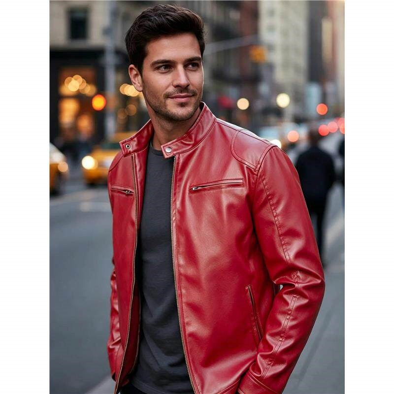 Herren Biker‑Style Kunstlederjacke mit Stehkragen und Reißverschlusstaschen Shop Nory