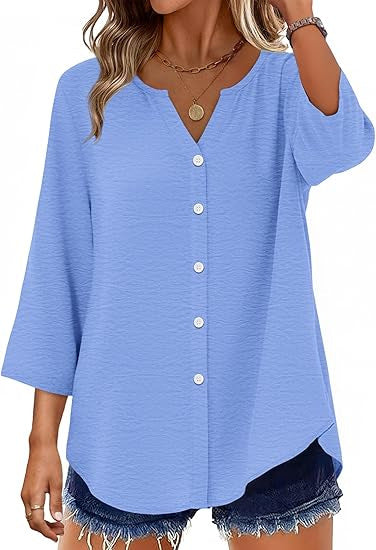 Damen Leichte V-Ausschnitt Blusenjacke mit 3/4-Ärmeln, geschwungenem Saum und durchgehender Knopfleiste Shop Nory