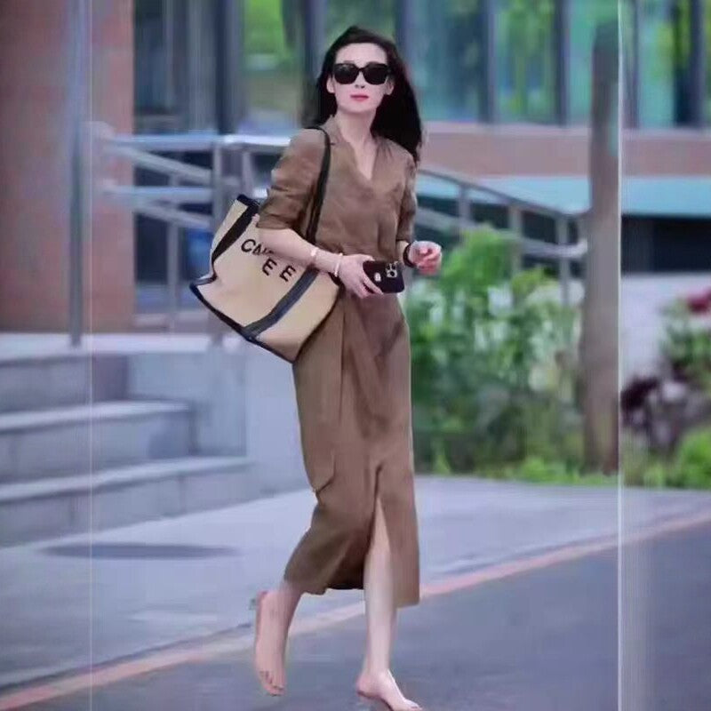 Damen Langes Hemdkleid mit Wickeloptik, Kordel-Taillengürtel und Beinschlitz Shop Nory