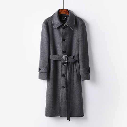 Herren taillierter Maxilanger Wollmix‑Mantel mit Bindegürtel und Kentkragen Shop Nory