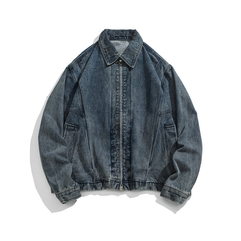 Unisex Kurz geschnittene Denim-Workerjacke mit durchgehendem Reißverschluss und kastiger Silhouette Shop Nory