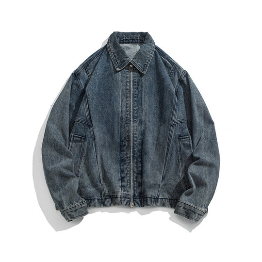 Unisex Kurz geschnittene Denim-Workerjacke mit durchgehendem Reißverschluss und kastiger Silhouette Shop Nory