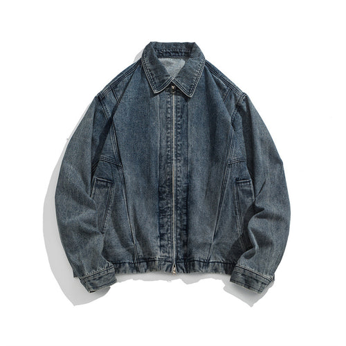 Unisex Kurz geschnittene Denim-Workerjacke mit durchgehendem Reißverschluss und kastiger Silhouette Shop Nory