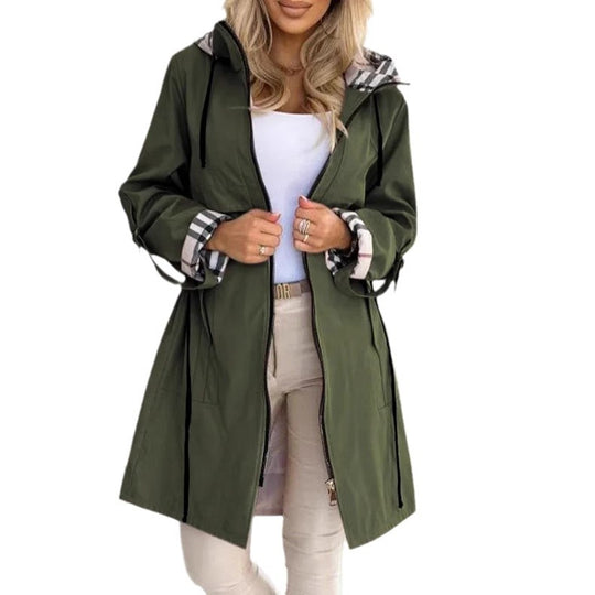 Damen nan taillierter Regenparka mit Kapuze kariert gefütterter Innenkragen und Tunnelzug Shop Nory