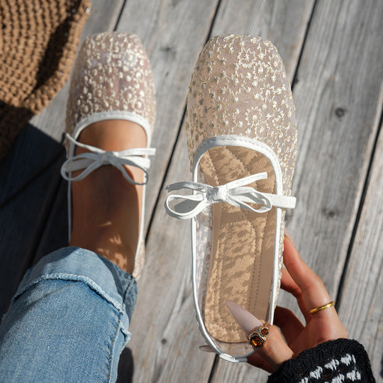 Damen elegante Ballerinas mit floralen Applikationen und rutschfester Sohle