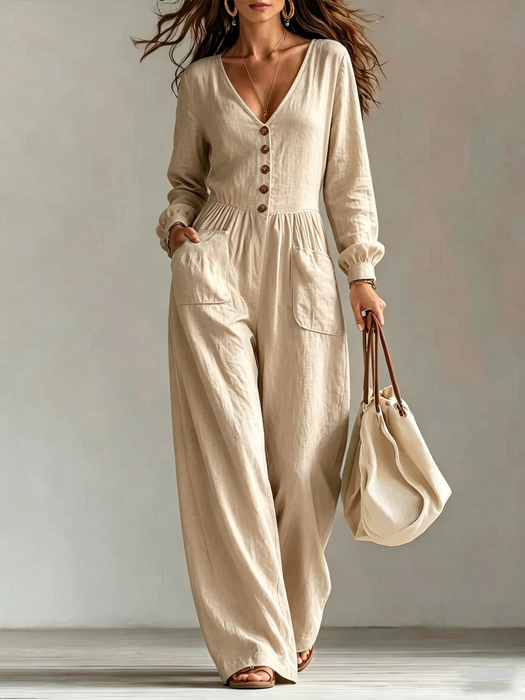 Damen Leinen-Einteiler mit V-Ausschnitt, Knopfleiste und weitem Beinschnitt Shop Nory