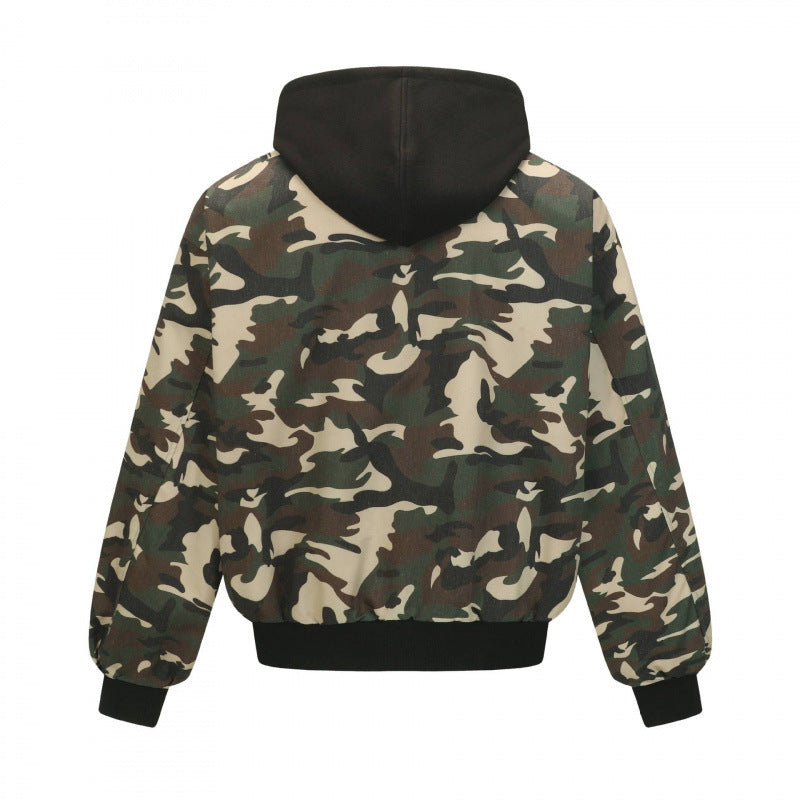 Unisex Kurz geschnittene Camouflage-Kapuzenbomberjacke mit wattierter Innenlage und elastischen Bündchen Shop Nory