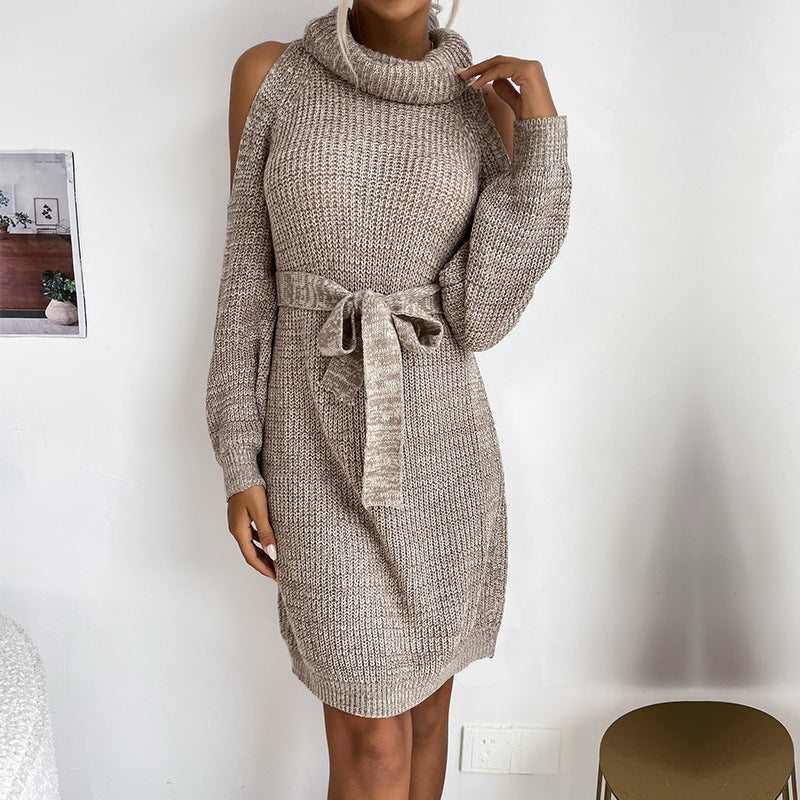 Damen Schulterfreies Rollkragen-Strickkleid mit Taillengürtel Shop Nory