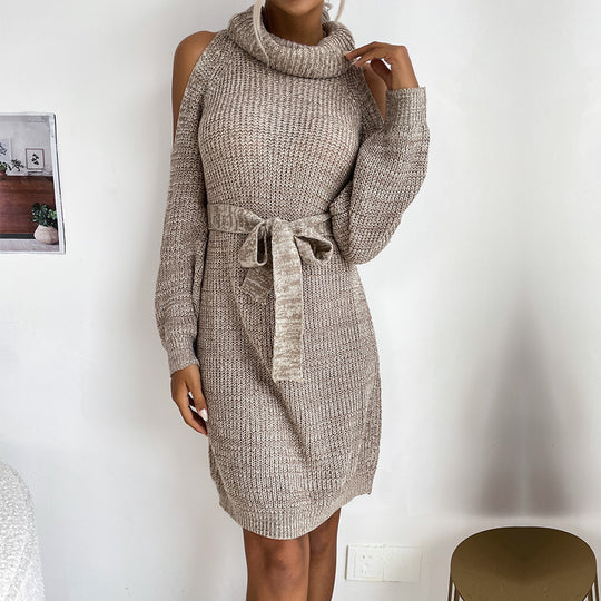 Damen Schulterfreies Rollkragen-Strickkleid mit Taillengürtel Shop Nory