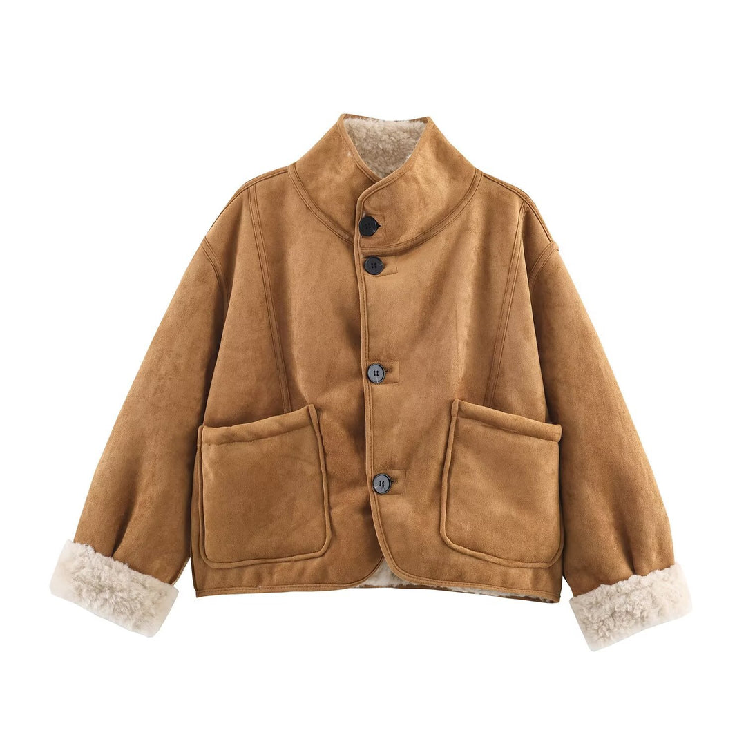 Damen Kurze Lammfellimitatjacke im Boxy‑Schnitt mit Stehkragen und großen Außentaschen Shop Nory