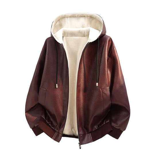 Damen Modische Kunstlederjacke mit Teddyfutter Shop Nory