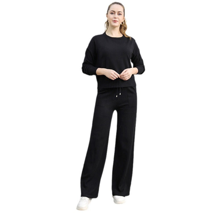 Damen gemütliches Strick-Loungewear-Set mit weitem Schnitt und praktischen Taschen Shopnory