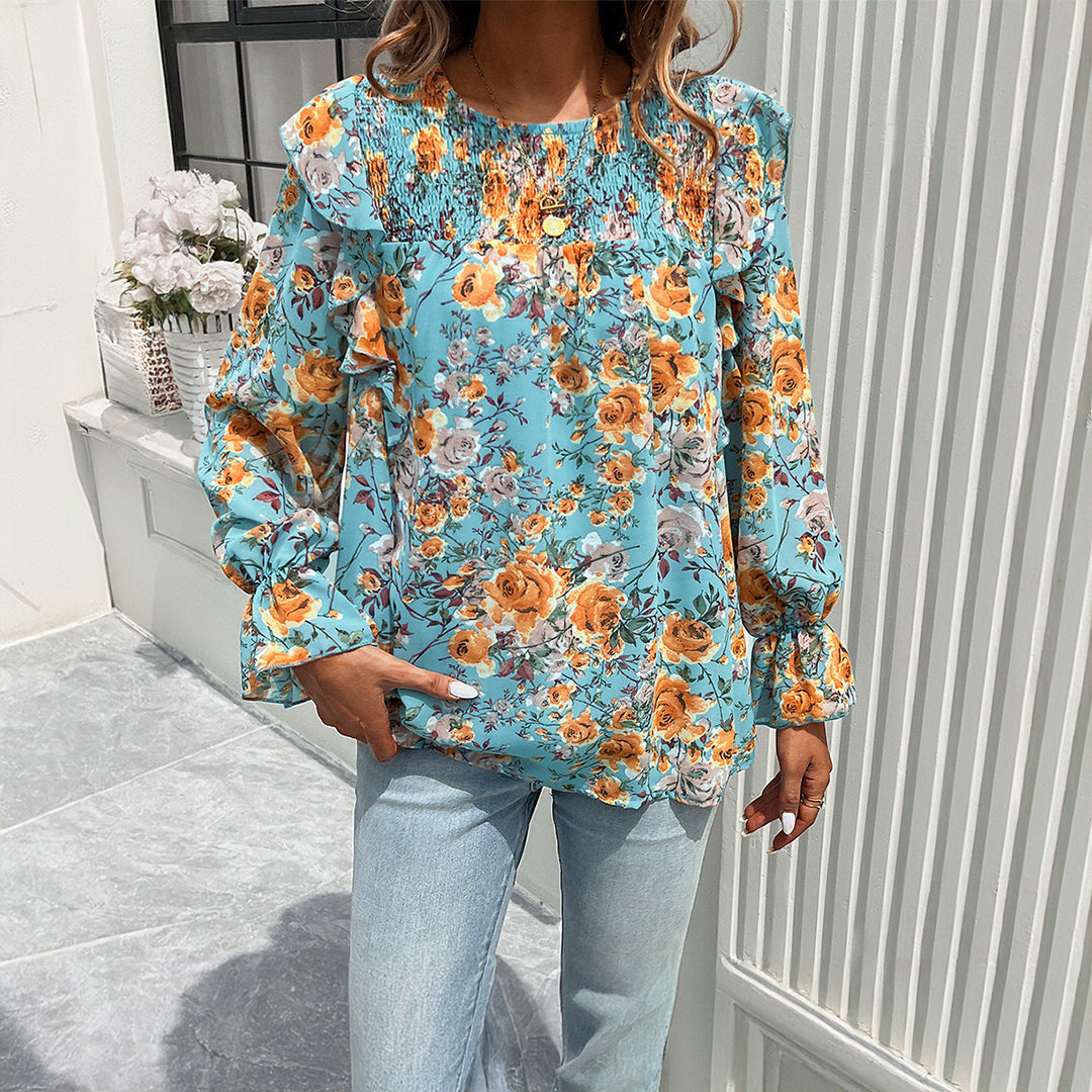Damen nan geblümte Chiffonbluse mit geraffter Passe, Volantärmeln und lockerem Fall Shop Nory