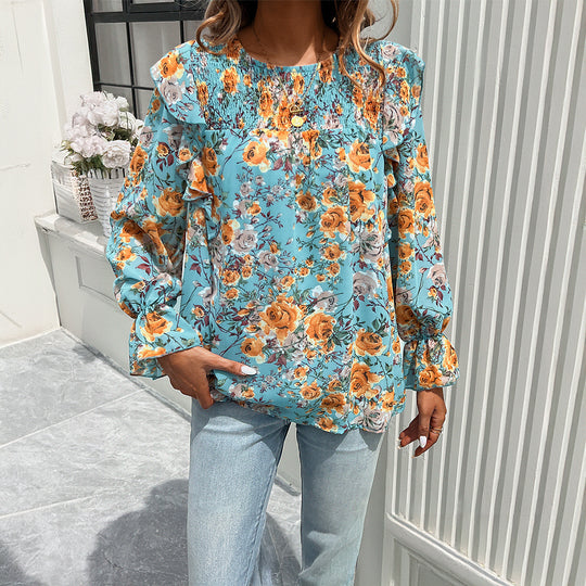 Damen nan geblümte Chiffonbluse mit geraffter Passe, Volantärmeln und lockerem Fall Shop Nory