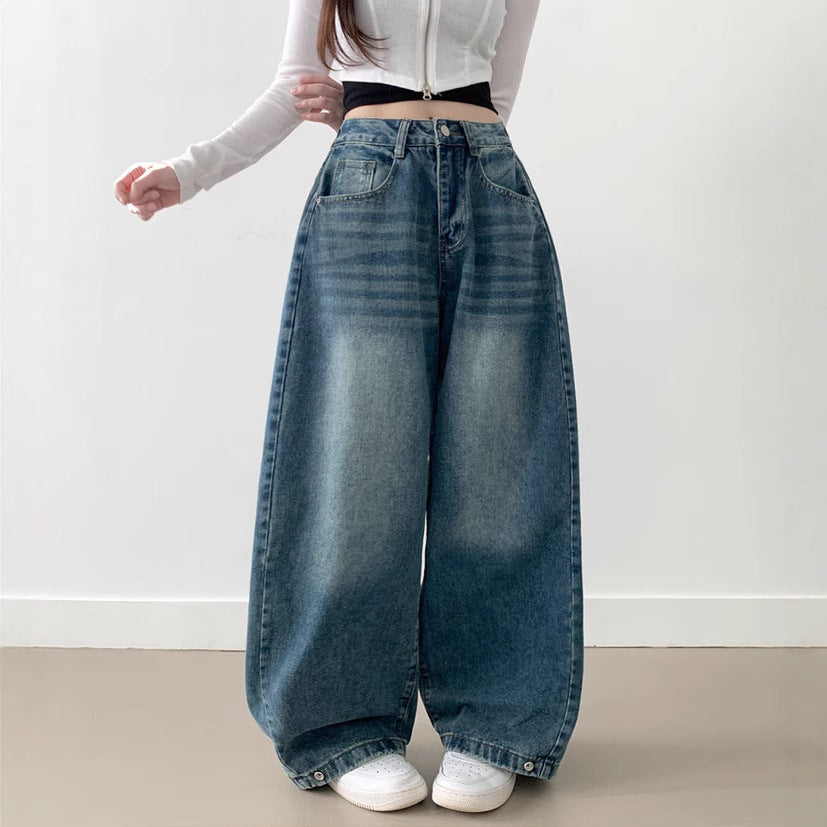 Damen Weite High-Waist Denim-Hose mit Faltenwurf