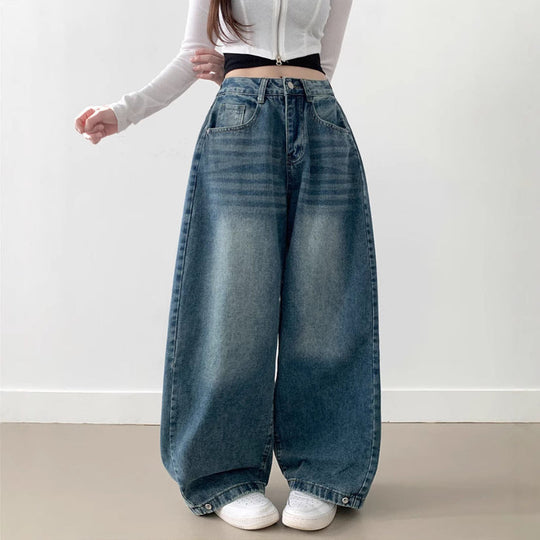 Damen Weite High-Waist Denim-Hose mit Faltenwurf