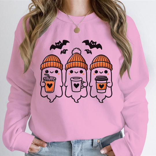 Damen gemütlicher Halloween Grafikpullover mit niedlichen Geist-Motiven, Rundhalsausschnitt und weichem Baumwollmix Shop Nory