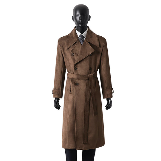 Herren Doppelreihiger Trenchcoat aus Velourslederimitat mit Taillengürtel und weitem Revers Shop Nory