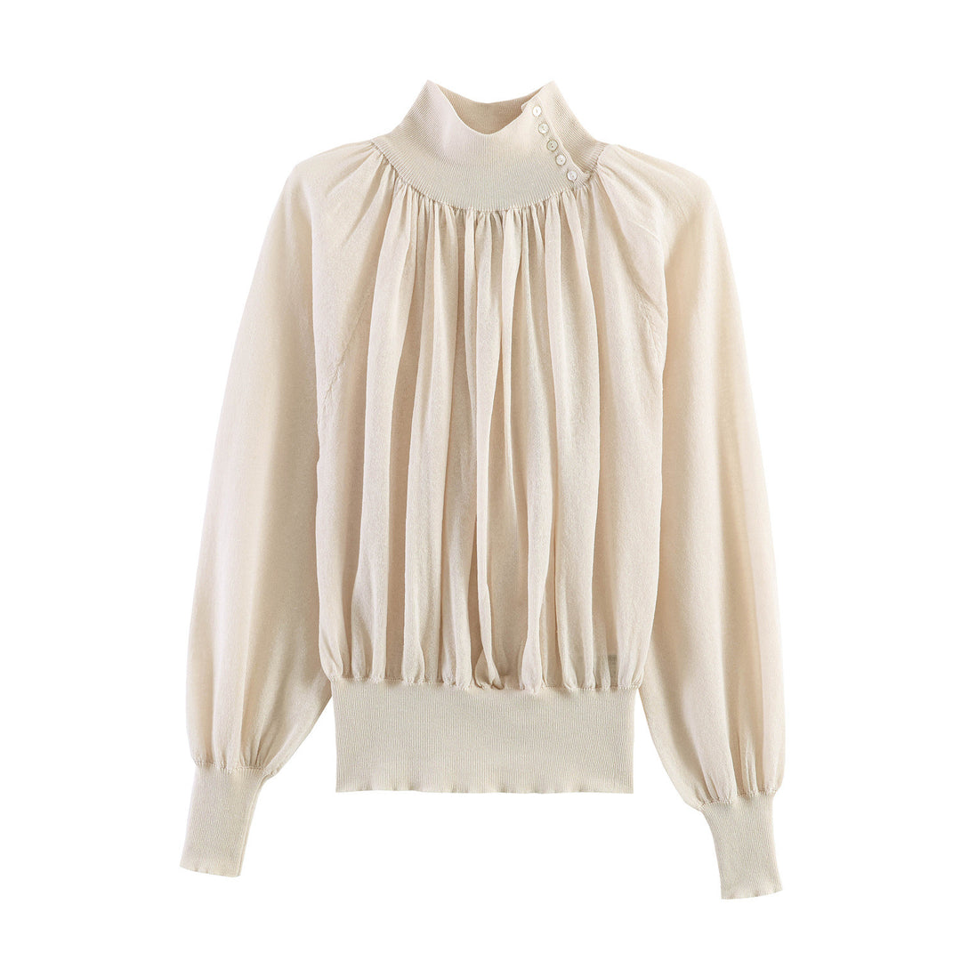 Damen Elegante Plissée-Bluse mit Stehkragen, Knopfdetail und Ballonärmeln Shop Nory