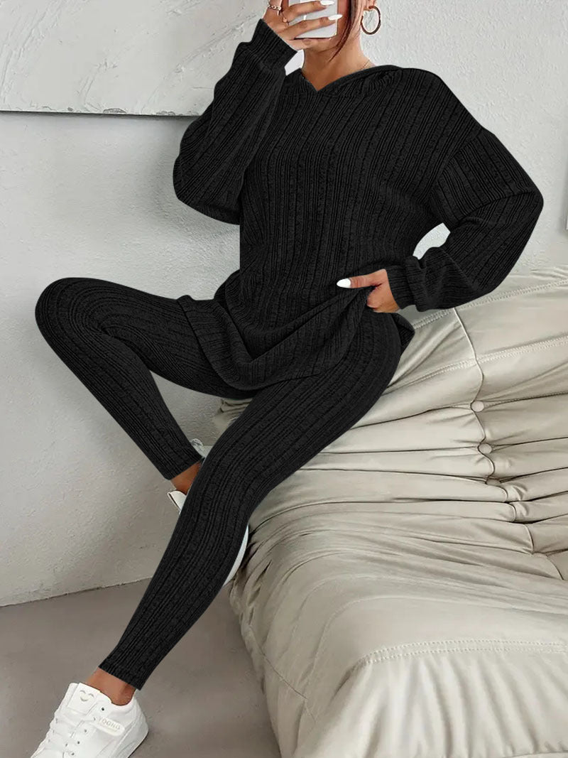 Damen Geripptes Feinstrick‑Loungewear‑Set mit Kapuzenpullover und hochtaillierten Leggings Shop Nory