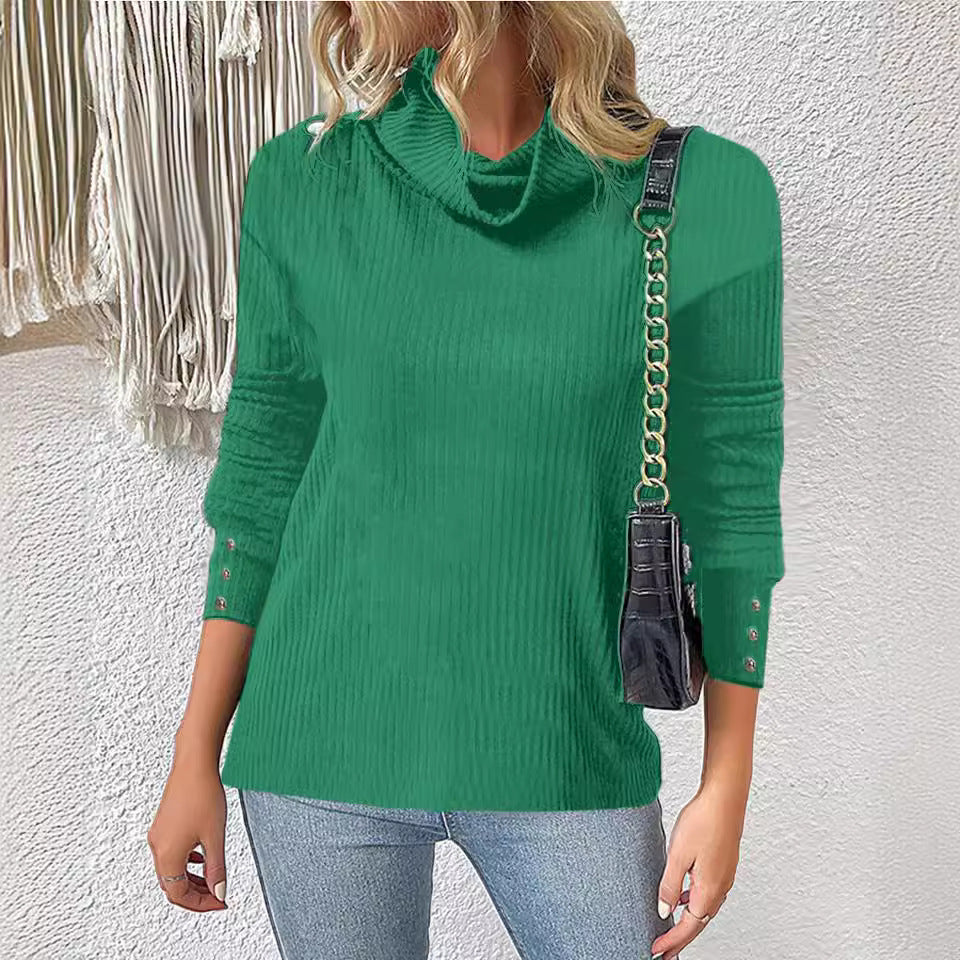 Damen Rippschneider Rollkragenpullover mit 3/4-Ärmeln und dekorativer Knopfleiste Shop Nory