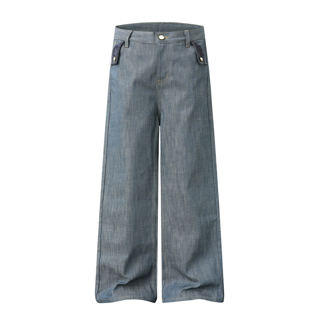 Damen Hochtaillierte weite Jeanshose mit dekorativen Pattentaschen und geradem Bein Shop Nory