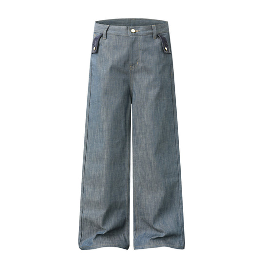 Damen Hochtaillierte weite Jeanshose mit dekorativen Pattentaschen und geradem Bein Shop Nory
