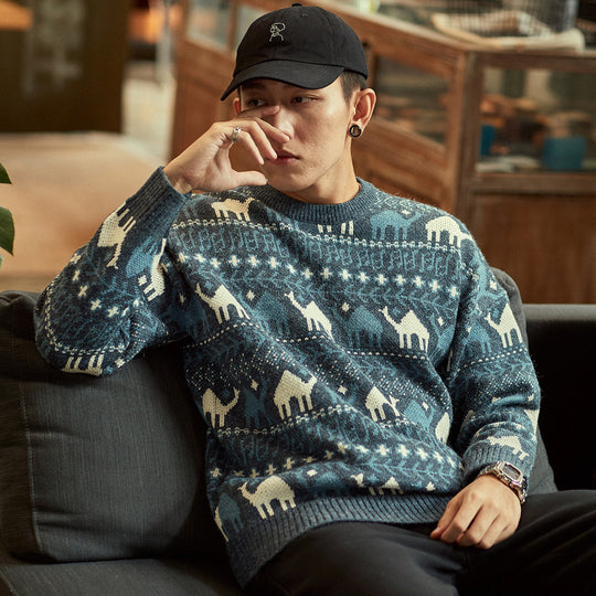 Herren Strickpullover mit Kamel-Jacquardmuster und geripptem Saum Shop Nory