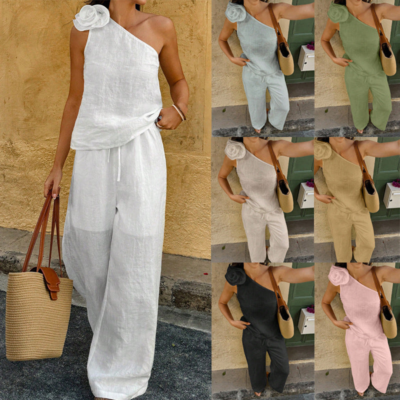 Damen Einschultriger Leinen-Jumpsuit mit Zier-Rosette und weitem Bein Shop Nory