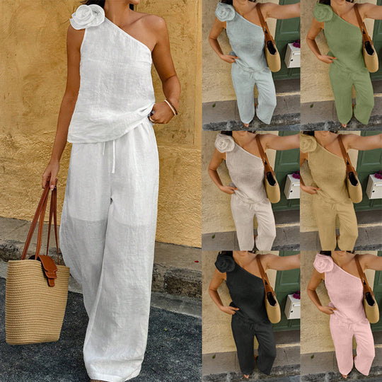 Damen Einschultriger Leinen-Jumpsuit mit Zier-Rosette und weitem Bein Shop Nory