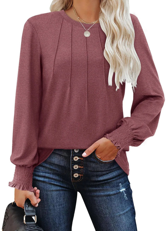 Damen Longsleeve-Tunika mit senkrechten Biesen und gerafften Rüschbündchen Shop Nory