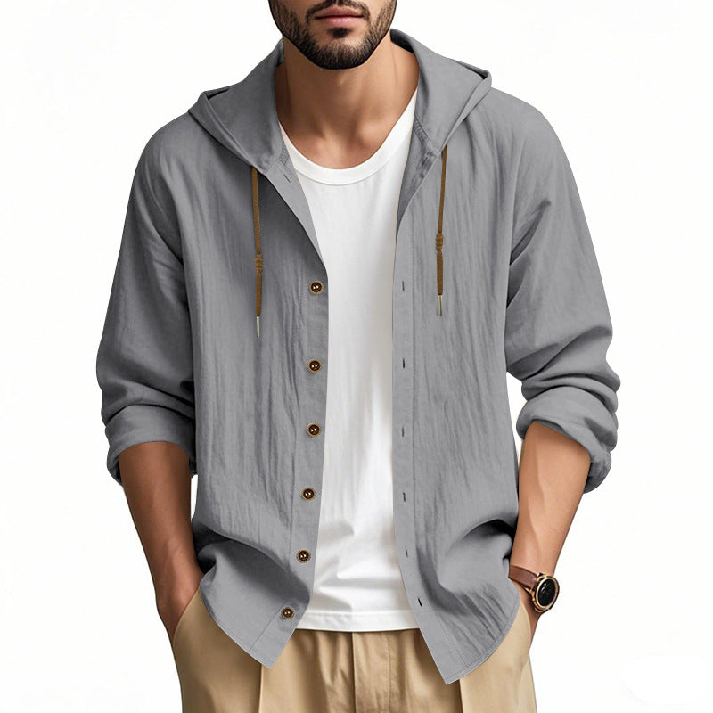 Herren nan leichtes Kapuzenhemdjacke aus Leinenoptik mit durchgehender Knopfleiste