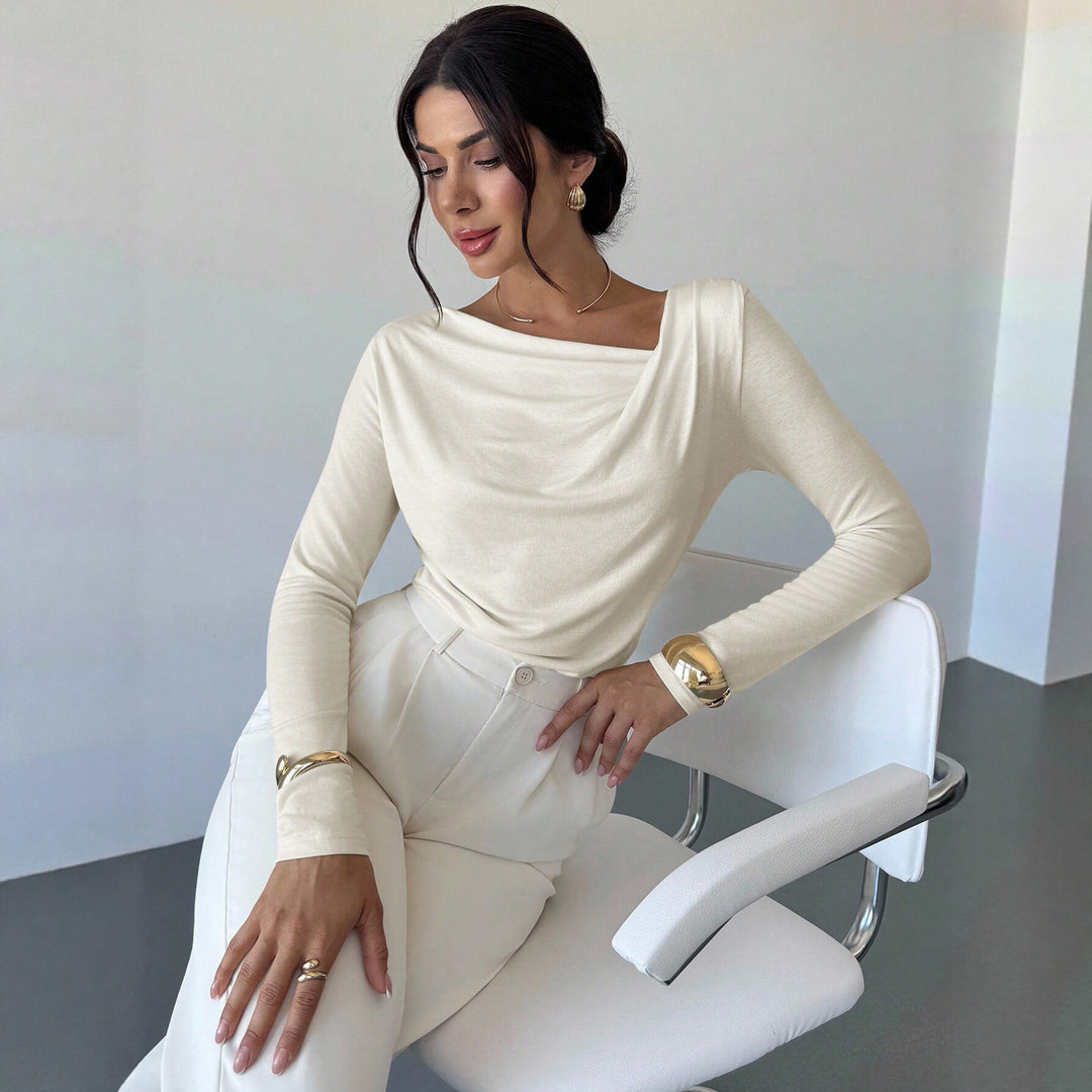 Damen elegantes drapiertes Langarm-Top mit Wasserfallkragen und taillierter Silhouette Shop Nory