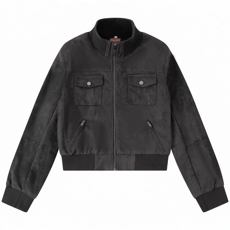 Damen Kurzgeschnittene Bomberjacke aus Veloursimitat mit Brustpatten und Reißverschlusstaschen Shop Nory