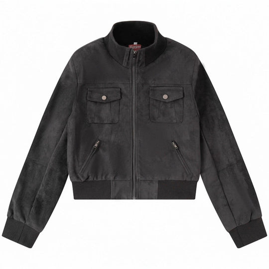 Damen Kurzgeschnittene Bomberjacke aus Veloursimitat mit Brustpatten und Reißverschlusstaschen Shop Nory