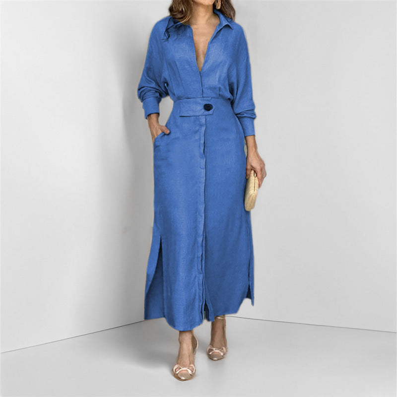 Damen Leinen-Maxikleid mit Hemdkragen, Taillengürtel und seitlichen Beinschlitzen Shop Nory