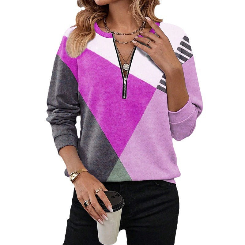 Damen Freizeitsweatshirt mit Halbzipp und geometrischem Farbkombinationsmuster Shop Nory