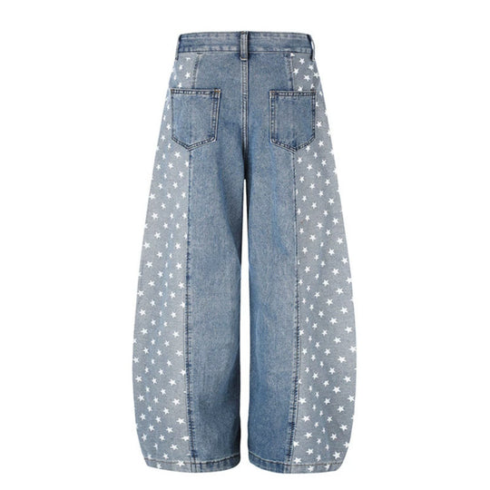 Damen Weite Denim-Palazzohose mit Kontrastseiten, Stern-Print und aufgesetzten Taschen Shop Nory
