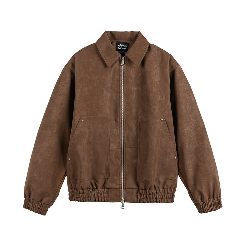 Herren Lederähnlicher Blouson mit Hemdkragen, Zweiwege-Reißverschluss und elastischem Saum Shop Nory