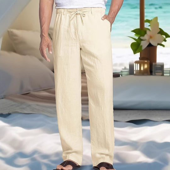 Herren Leichte Leinen-Baumwoll-Hose mit elastischem Bund, Kordelzug und geradem Bein Shop Nory