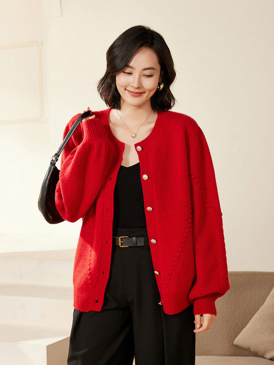 Damen Strickcardigan mit Strukturmuster, Ballonärmeln und Perlmuttknopfleiste Shop Nory