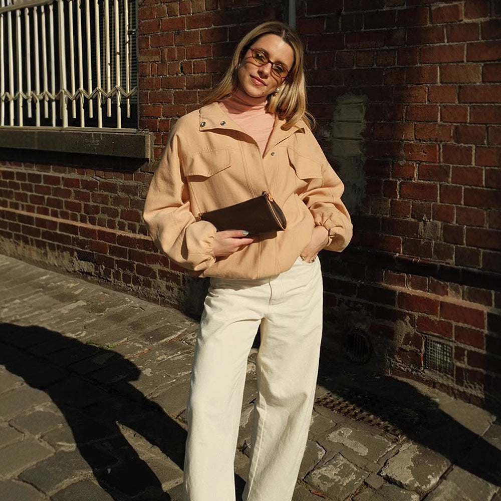 Damen Cropped-Blousonjacke mit überschnittenen Ballonärmeln, Pattentaschen und verdeckter Frontleiste Shop Nory