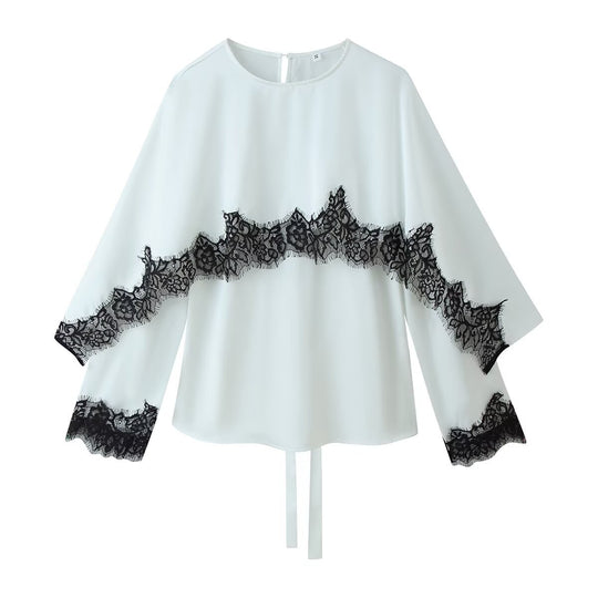 Damen Elegante Chiffonbluse mit Spitzenborte, weitem Kimonoärmel und Bindeband Shop Nory