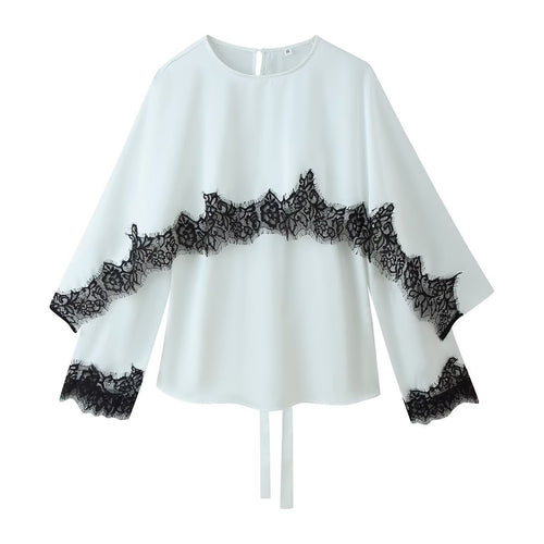 Damen Elegante Chiffonbluse mit Spitzenborte, weitem Kimonoärmel und Bindeband Shop Nory